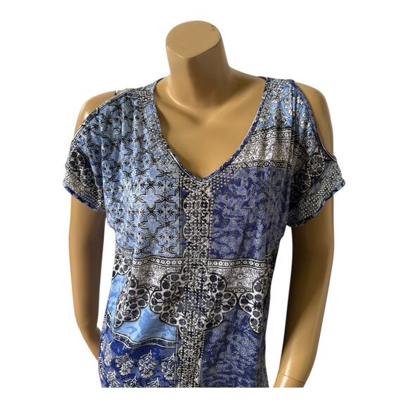 INC Womens Size Large Sheer Embellished V Neck Tribal Boho Cold Shoulder Shirt - Picture 5 of 7